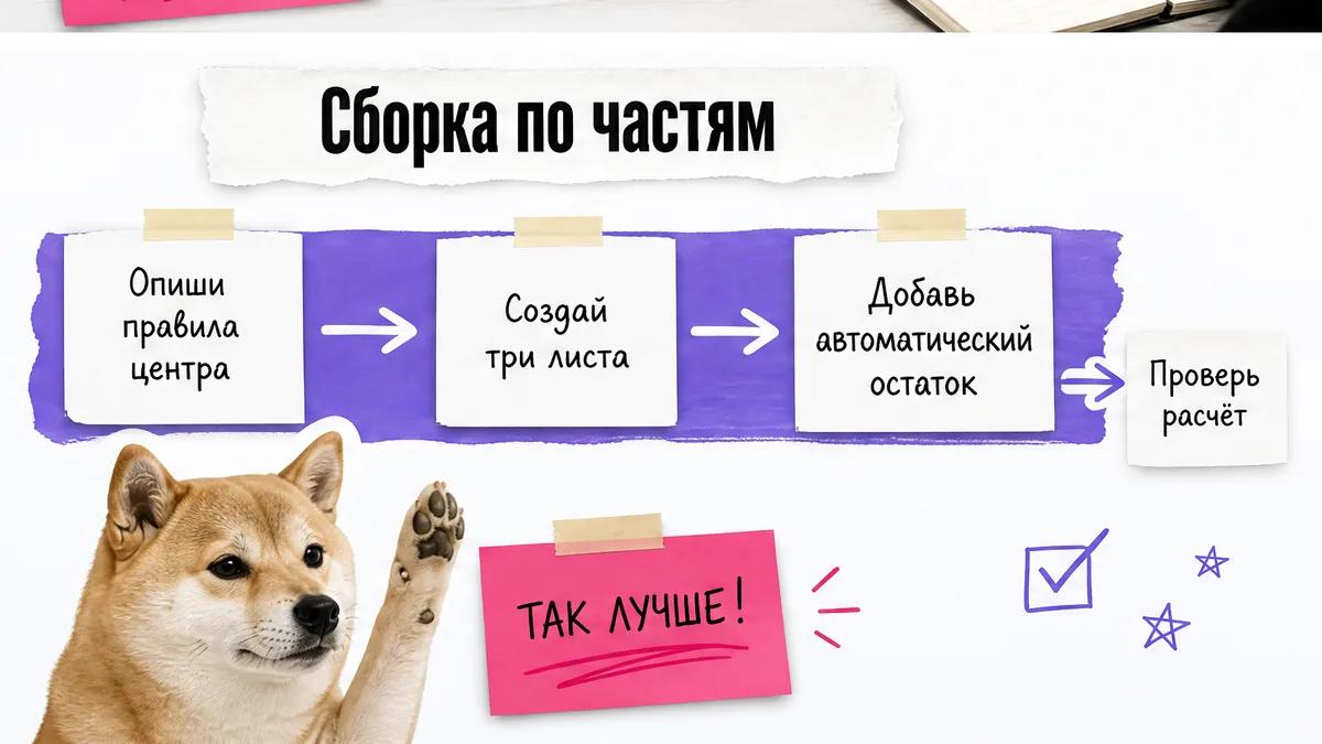 Сиба-ину одобрительно смотрит на схему сборки системы по шагам.