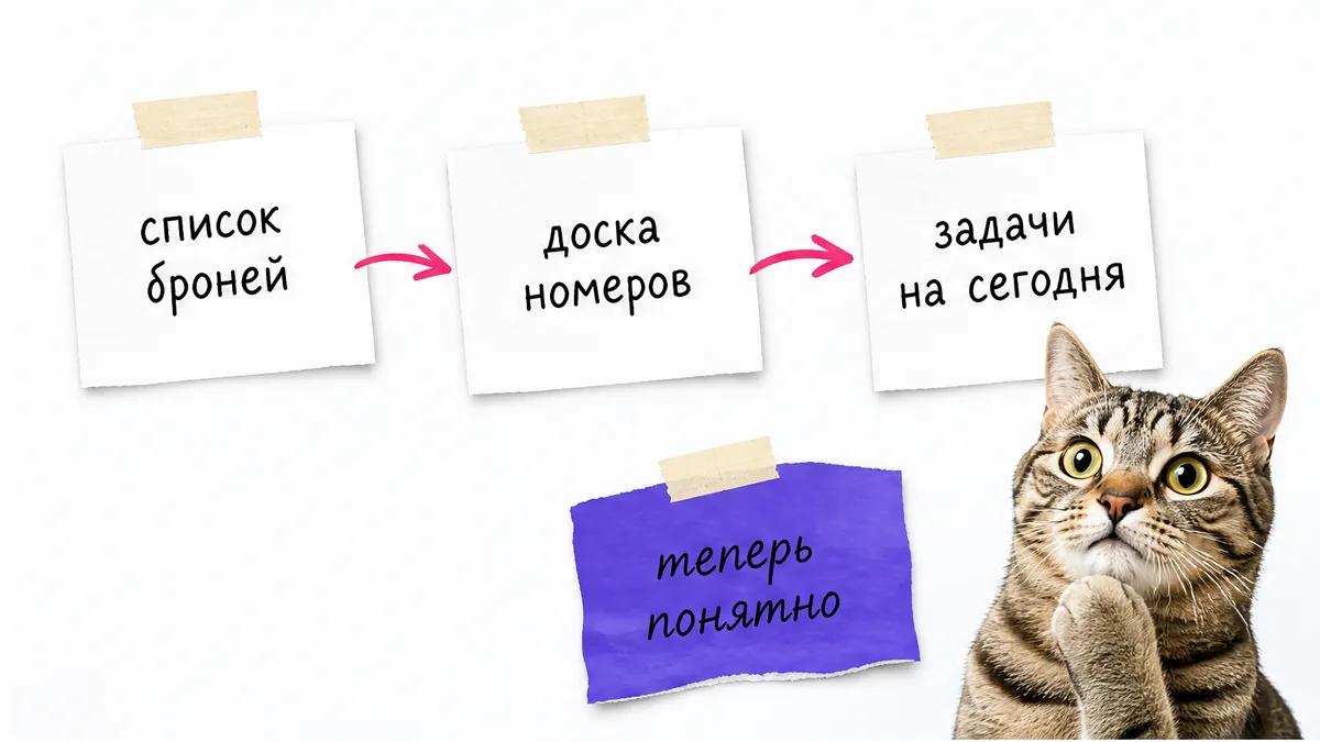 Кот показывает три экрана панели мини-отеля на отдельных карточках.