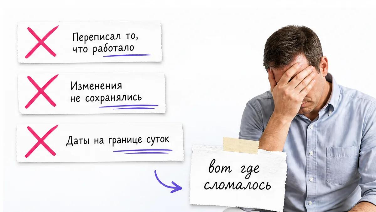 Безымянный мужчина закрывает лицо лапонью рядом с карточками поломок панели.