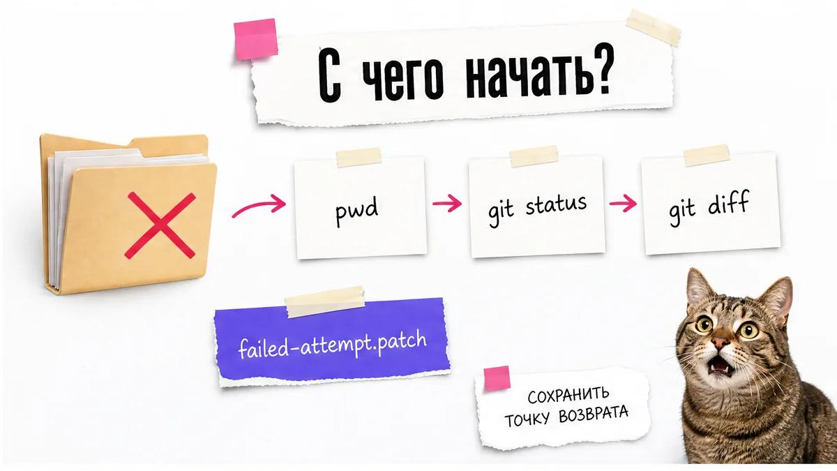 Кот у карточек с командами проверки папки и сохранения diff.