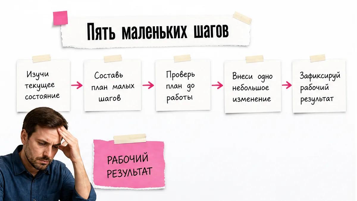 Мужчина закрывает лицо лапой рядом с цепочкой из пяти шагов ремонта.