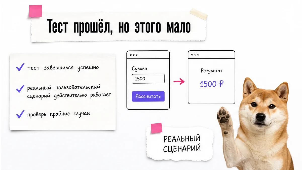 Собака поднимает лапу рядом с чек-листом теста и пользовательского сценария.
