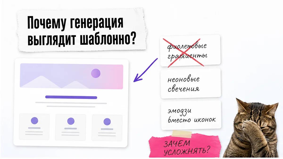 Кот закрывает морду лапой рядом с карточками признаков шаблонного сайта.