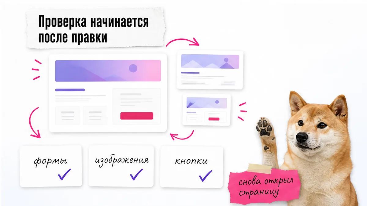 Сиба-ину одобрительно смотрит на карточки проверки готовой страницы.