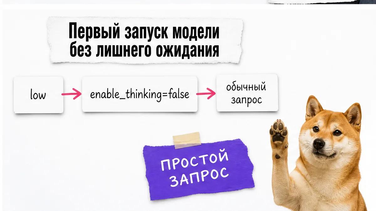 Собака одобряет первый запуск модели с низким reasoning и простым запросом.