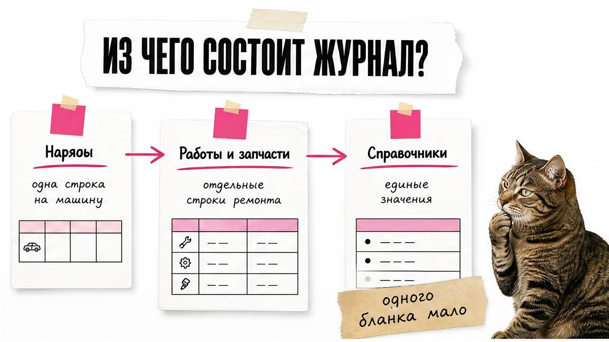 Кот смотрит на схему из трёх листов: «Наряды», «Работы и запчасти» и «Справочники».