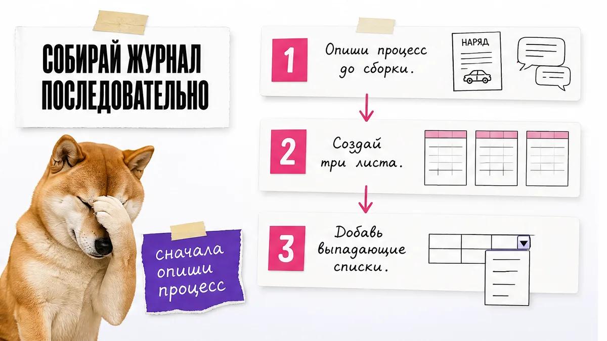 Кот прикрывает морду лапой рядом с карточками первых трёх шагов сборки журнала.