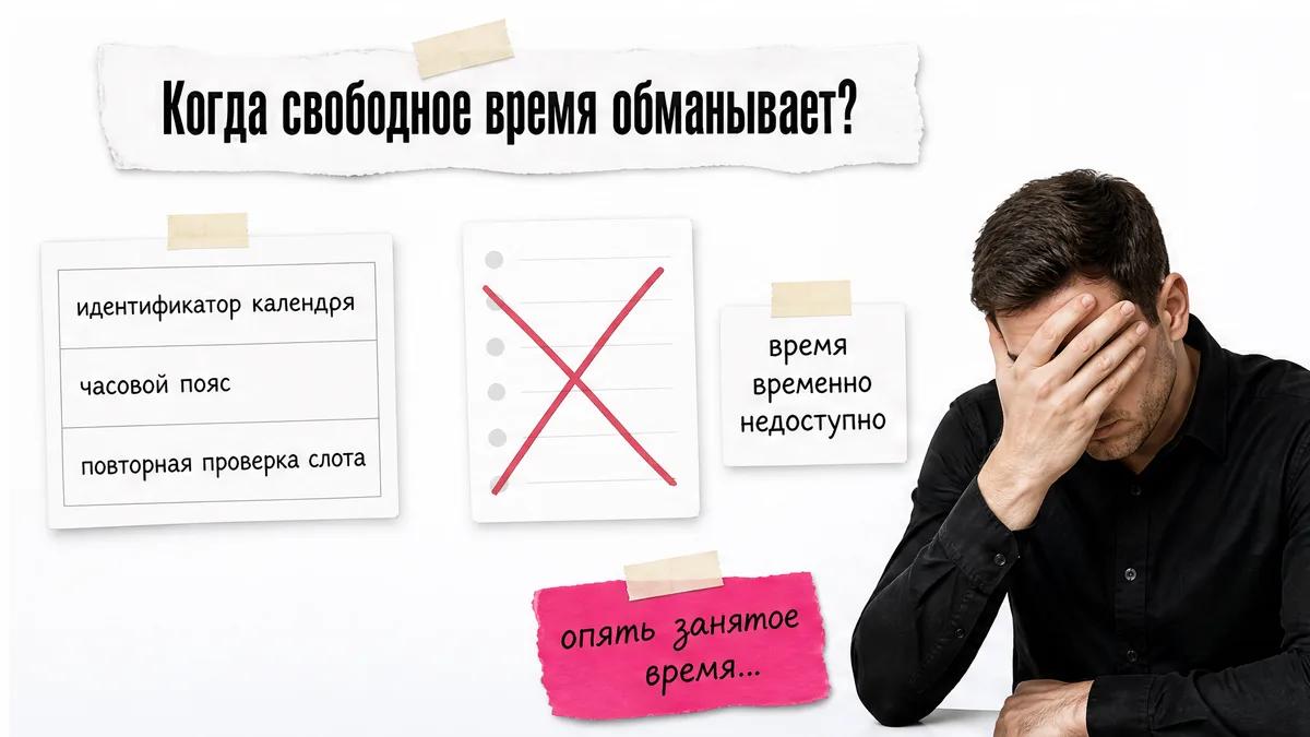 Безымянный мужчина закрывает лицо ладонью рядом со схемой проверки календаря и слота.