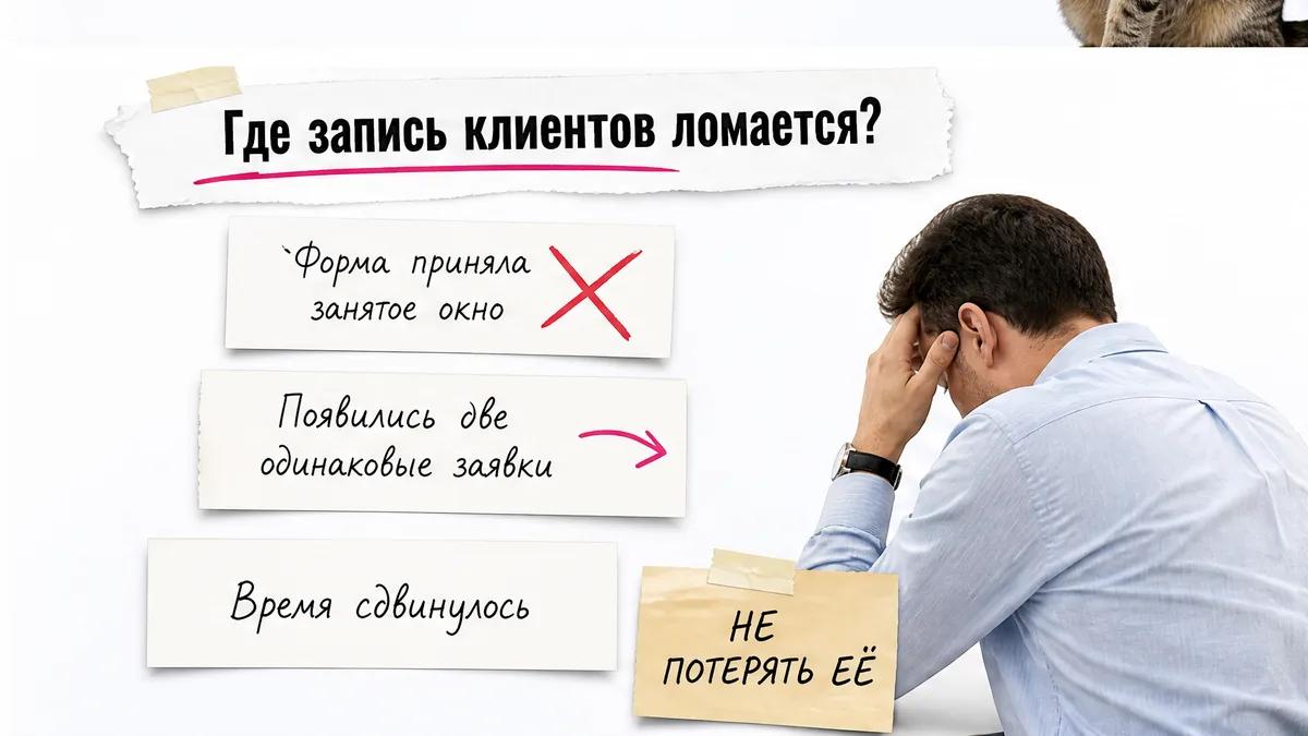 Женщина без видимого лица прикрывает ладонью лоб рядом с проблемами записи.